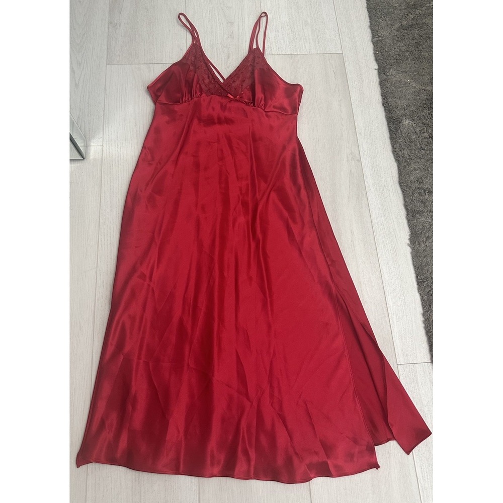 Vintage Gilligan O'Malley Camisole Long Nightgown Lingerie Sz L - Red Side Slits